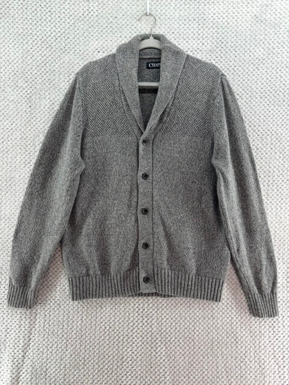 CHAPS Shawl Cardigan Grandpa Sweater Mens M Heather Gray Knit Button Front
